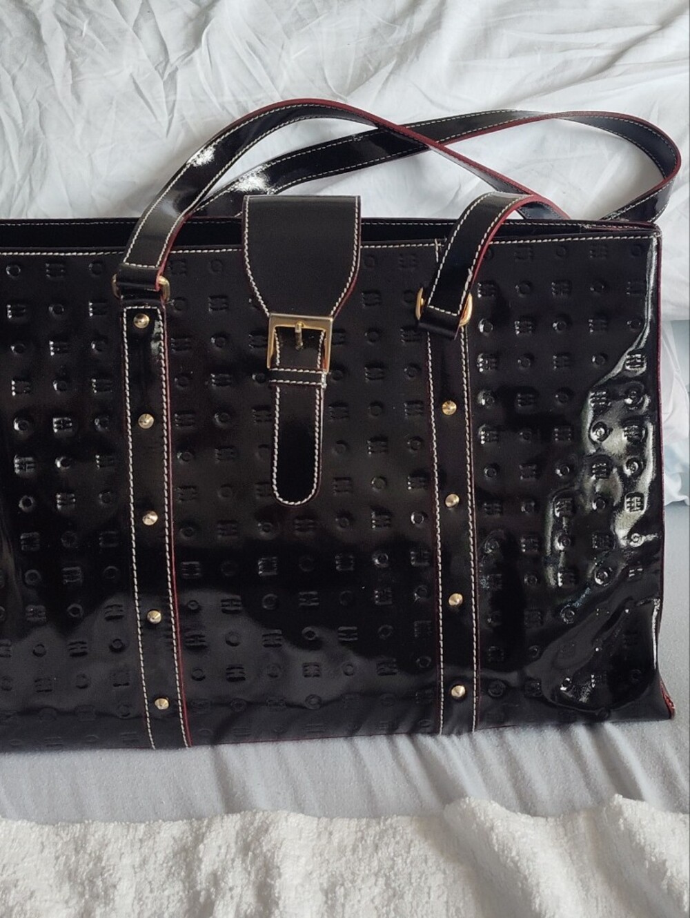 Arcadia Black Patent Tote with Gold Buckle and Studs